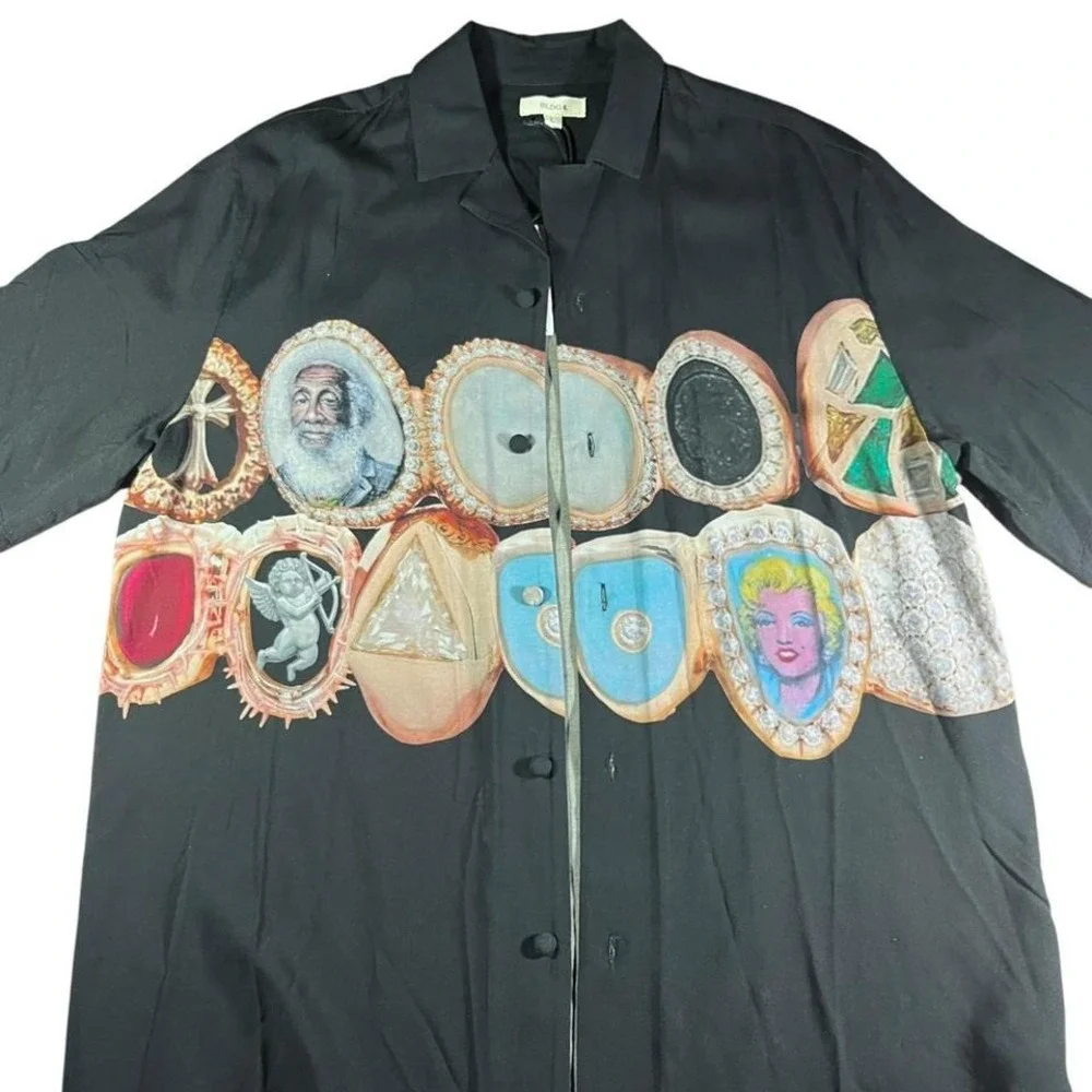 BLDG4 black silk button up‎ shirt with graphic print
